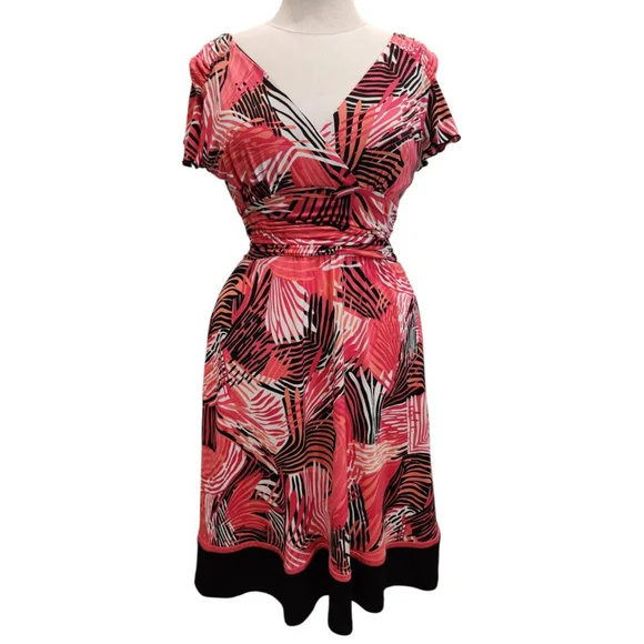 Sandra Darren 14P Petite Tropical Print Wrap Dress Pink Coral V-Neck Flutter - Picture 1 of 12